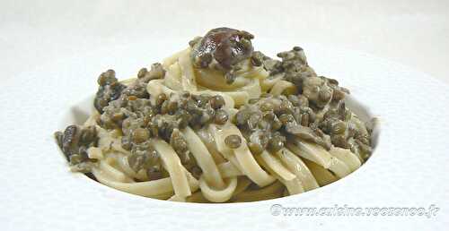 Linguines aux lentilles, champignons des bois et crème