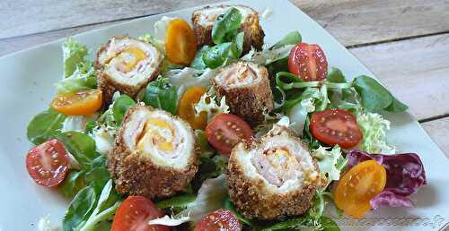 Pains de mie farcis, roulés et panés en salade