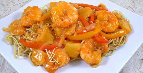 Crevettes sautées, sauce aigre douce