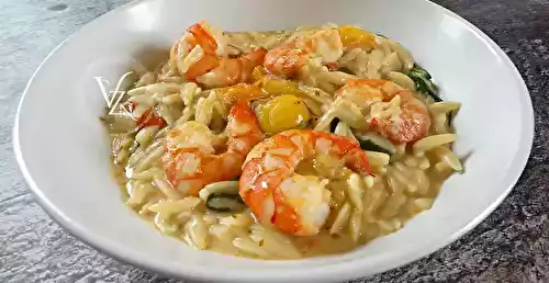 Poêlée d'orzo aux gambas et tomates rôties