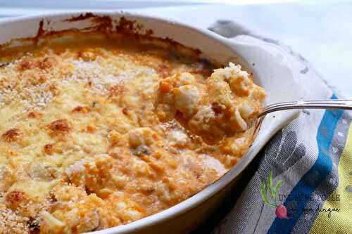 Gratin de chou-fleur, de champignon et de patate douce au gouda