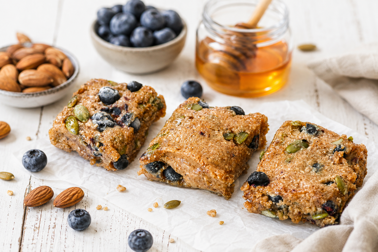 Carrés aux amandes, miel et bleuets sans gluten