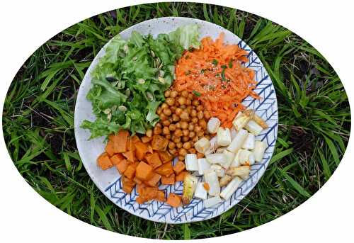 Buddha bowl aux pois chiches épicés, crudités, asperges & patates douces rôties - IG Bas