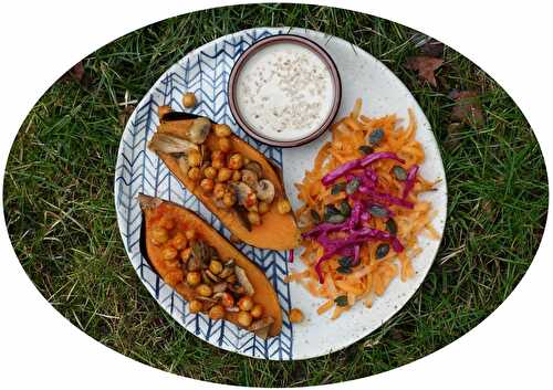 Patates douces farcies aux champignons, pois chiches & sauce sésame-citron - IG Bas