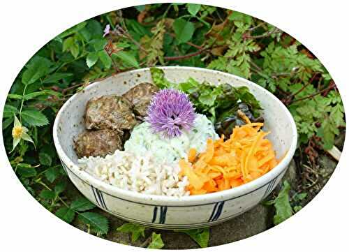 Buddha bowl aux boulettes de boeuf/ courgette, tzaziki, riz complet & crudités - IG Bas / sans lactose