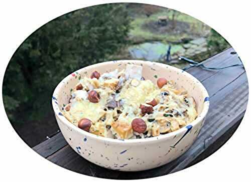 Gratin de crozets aux champignons, tofu fumé & noisettes