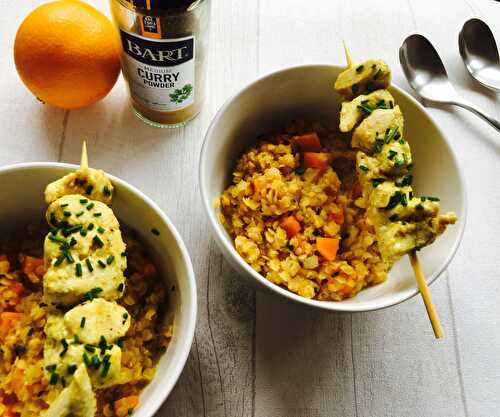 Brochettes indiennes et dahl de lentilles corail à l’orange