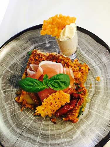 Crumble de cannellonis au caviar d’aubergine, Jambon Speck et Espuma de parmesan #Barilla #ChezFranklin