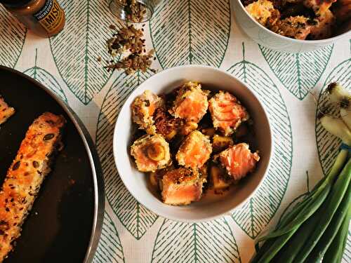 Saumon mi-cuit croustillant et riz rouge à la mangue