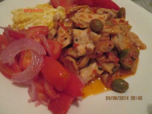 AIGUILLETTES DE POULET A LA FONDUE DE TOMATES- CHAMPIGNONS ET OLIVES