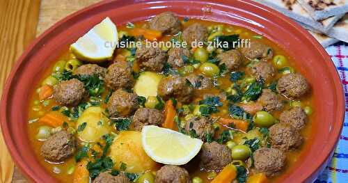 TAJINE EL KEFTA AU BOULGHOUR- MIJOTÉ AUX BOULETTES- PETITS POIS- OLIVES- CAROTTES - طاجين الكفته بالجلبانه ـ زيتون وجزر