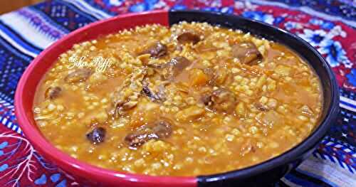 MHAMSSA JÉRIA BEL GUEDDID- SOUPE DE PETITS PLOMBS À LA VIANDE SECHÉE- FÈVES ET FÉVETTES SECHÉES ET POIS CHICHES