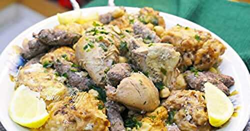 TAJINE M'BATEN BROUKLOU MAKLI- BEIGNETS DE CHOUX FLEURS FRITS EN SAUCE BLANCHE-POIVRE-CANNELLE AU POULET ET DOIGTS DE VIANDE HACHÉE