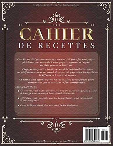 Cahier de recettes 200 pages: Carnet de recettes a remplir soi-même et à compléter vintage, livre personnalisable pour 100 recettes avec espace photographies.