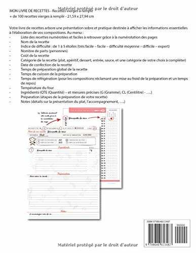 Mon livre de recettes – Recettes vierges à remplir: Livre de recettes de cuisine à remplir – 100 recettes vierges – carnet de recettes à compléter ... de cuisine grand format |21.59 x 27.94 cm